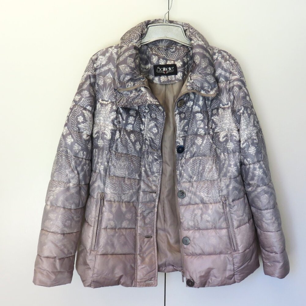 Gray Taupe Floral Puffer Ombre Jacket Italian Removable Hood....126